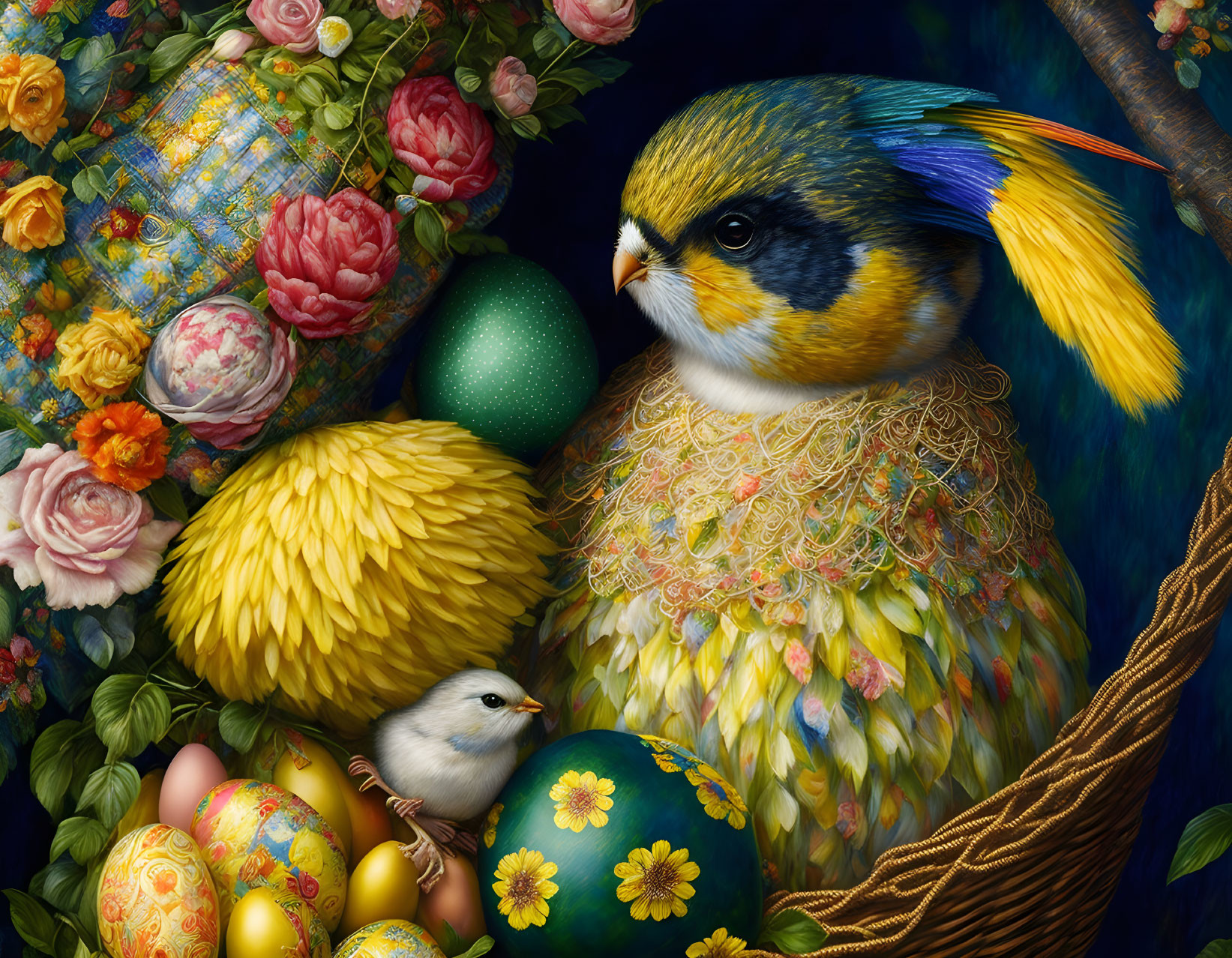 Colorful Bird Painting with Chick, Eggs, and Roses in Vibrant Display