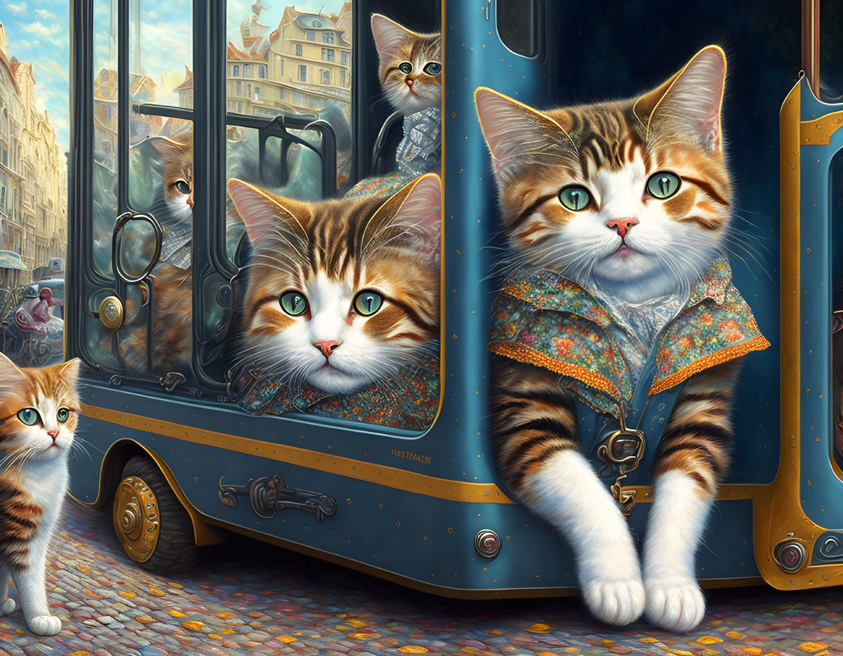 Anthropomorphic cats in clothes on a bus in a cityscape