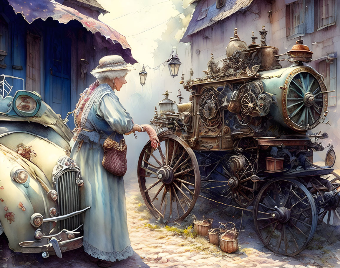 Vintage-clad elderly woman examines steam-powered vehicle on cobblestone street