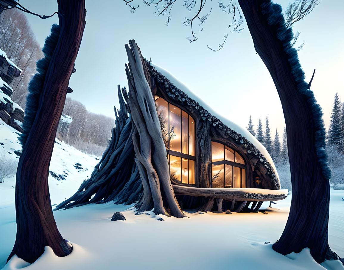 Modern Cabin with Large Glass Windows in Snow-Covered Forest