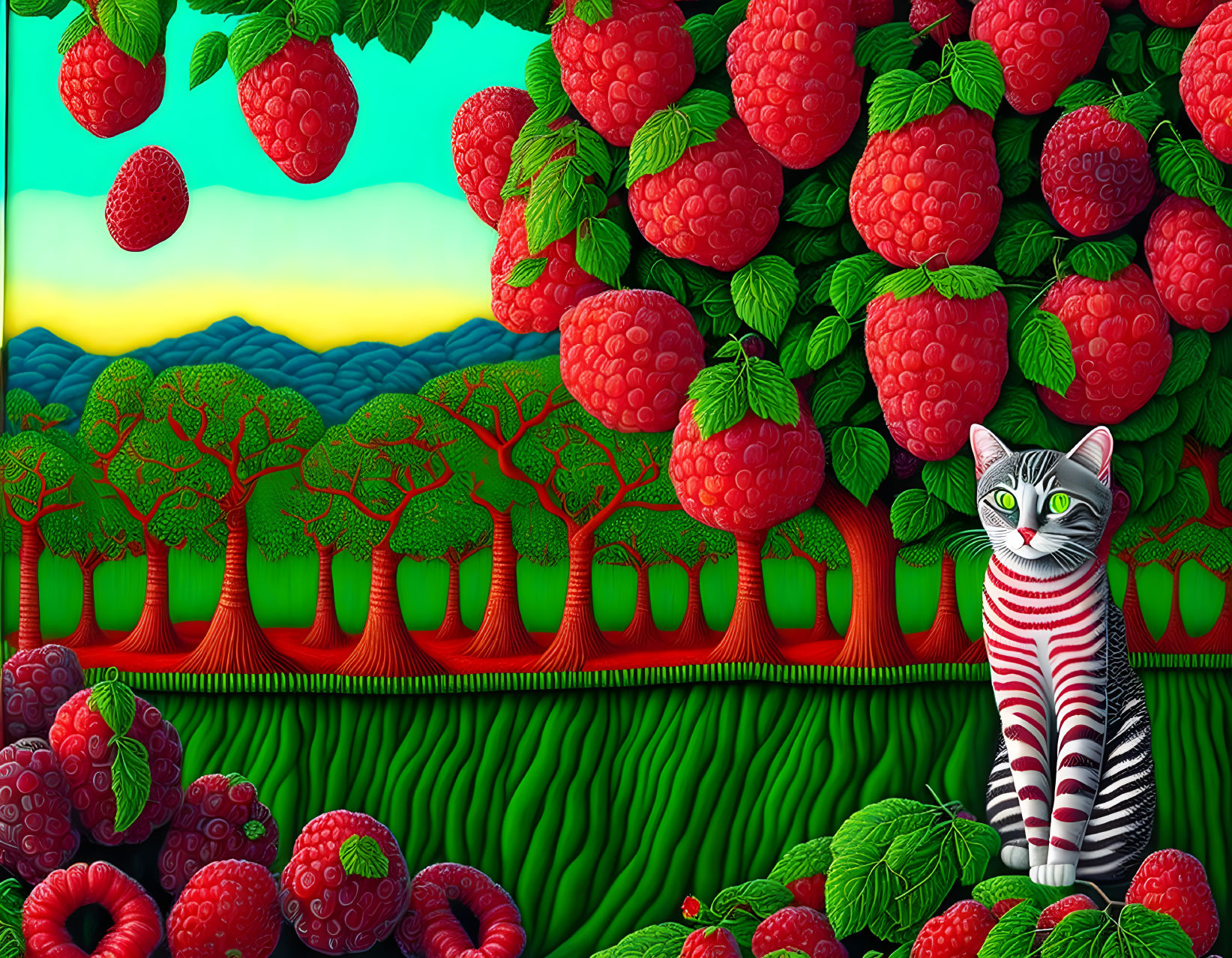 Whimsical landscape featuring oversized raspberries, raspberry-shaped trees, striped cat, and colorful sky.