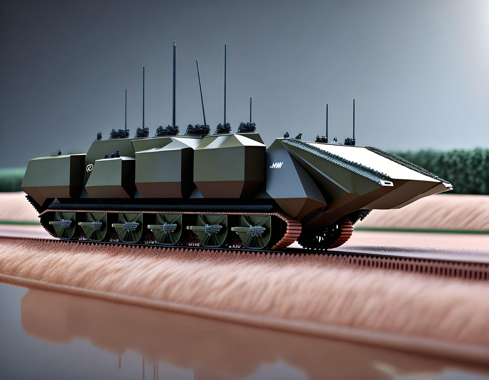 Modern Camouflaged Tank Digital Rendering on Reflective Surface