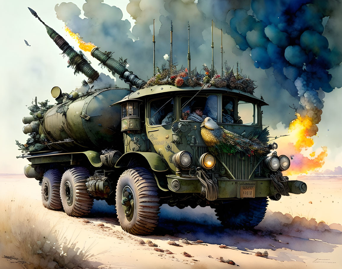 Military truck with missile launcher in desert, decorated for Christmas, amid smoke and explosions