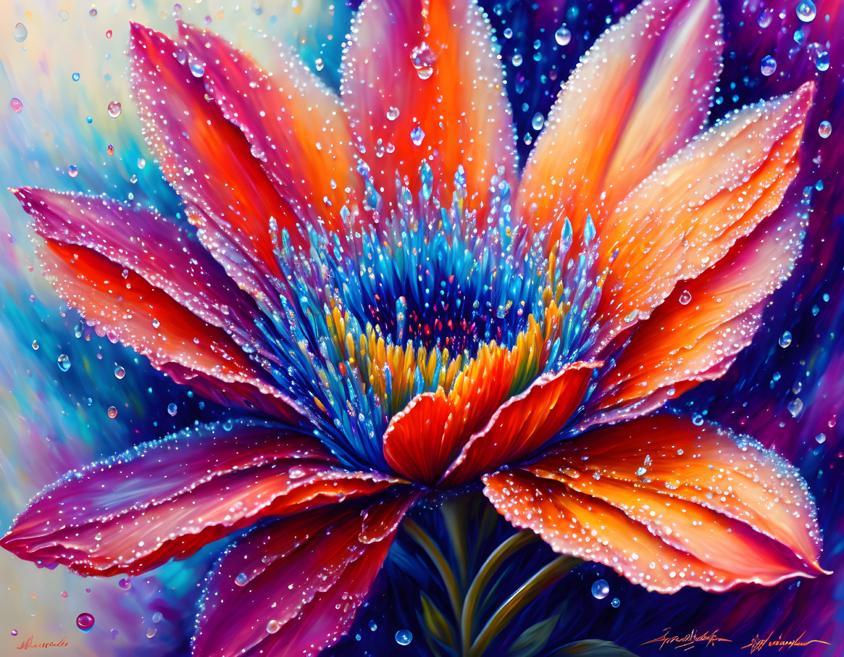 Colorful painting of dew-covered flower with bright petals on multicolored background