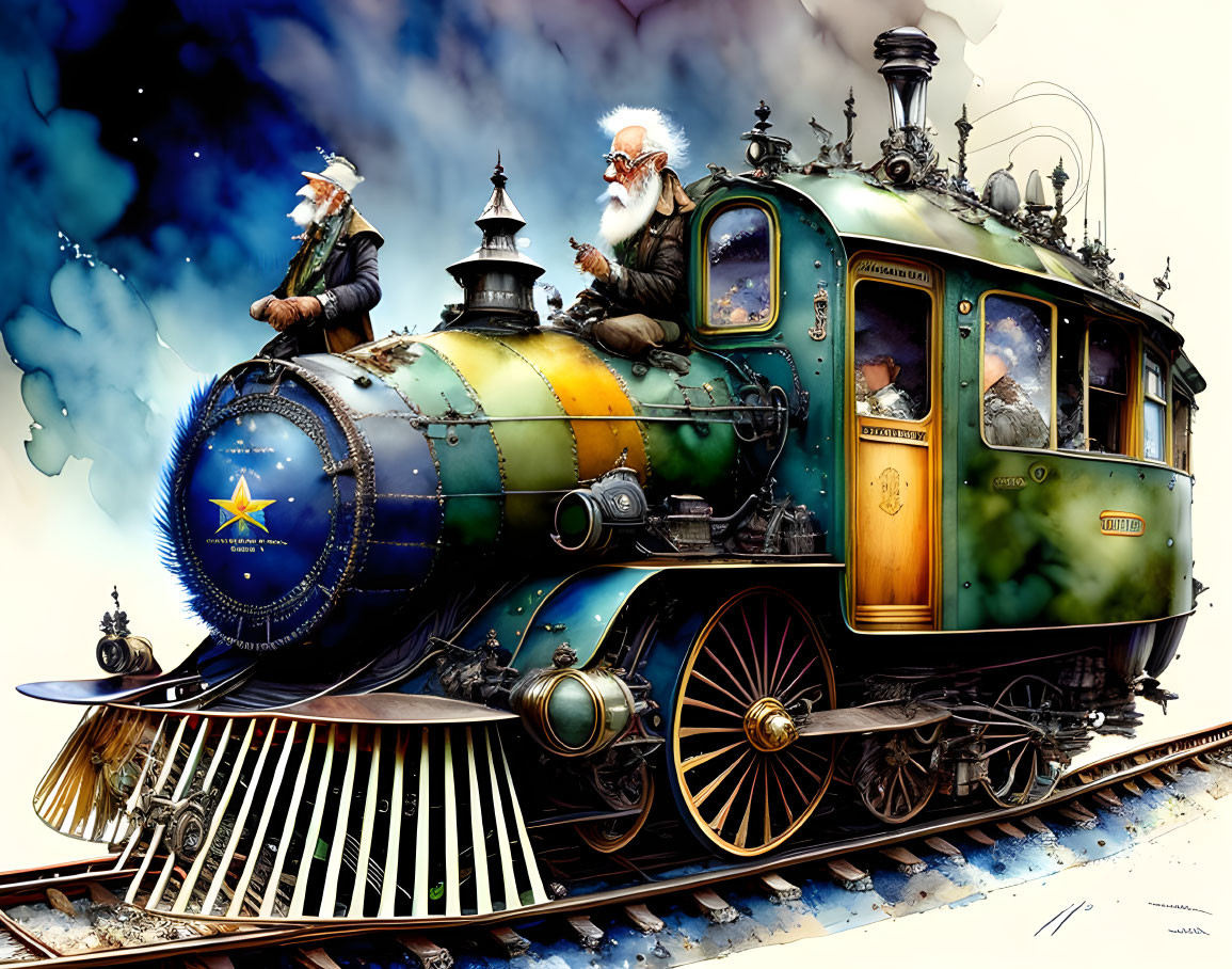 Elderly men on colorful steam locomotive with ornate details