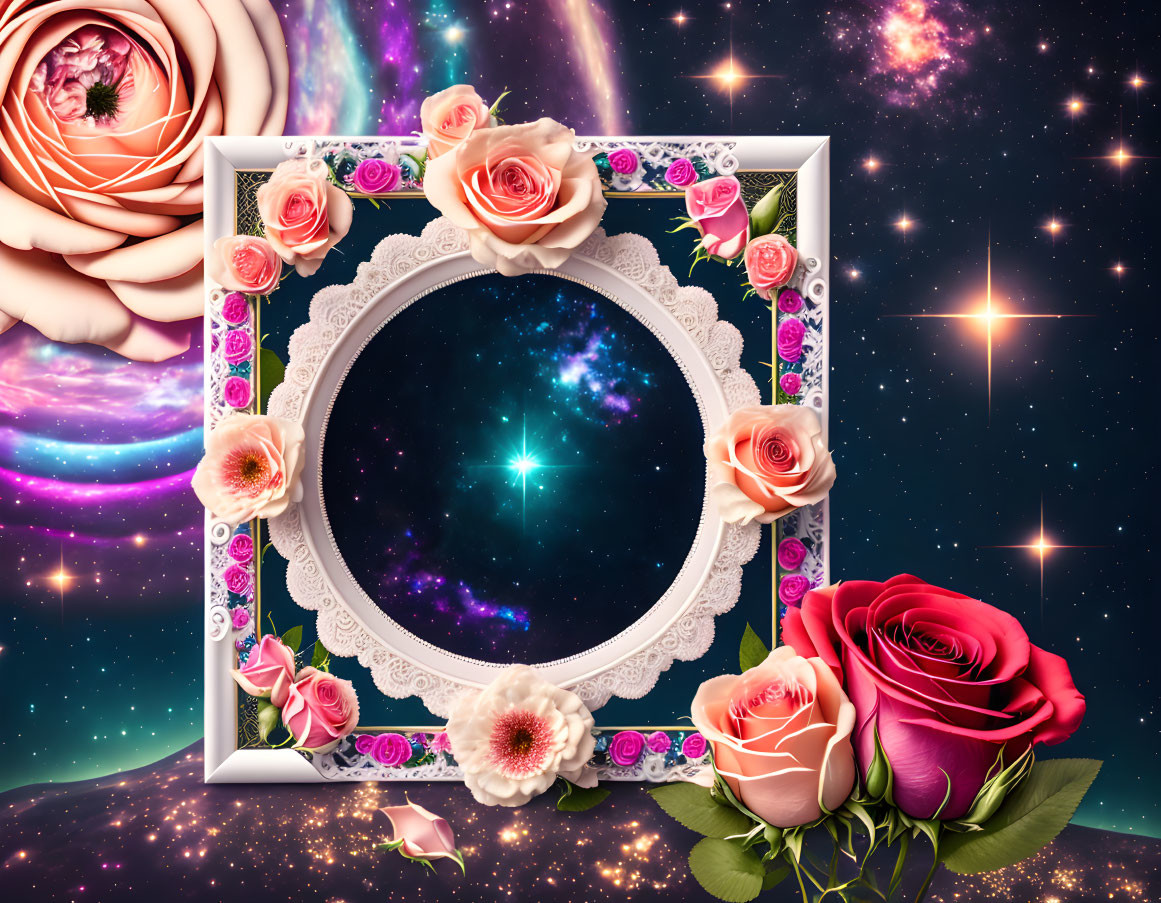 Ornate Frame with Cosmic Background and Vibrant Flowers