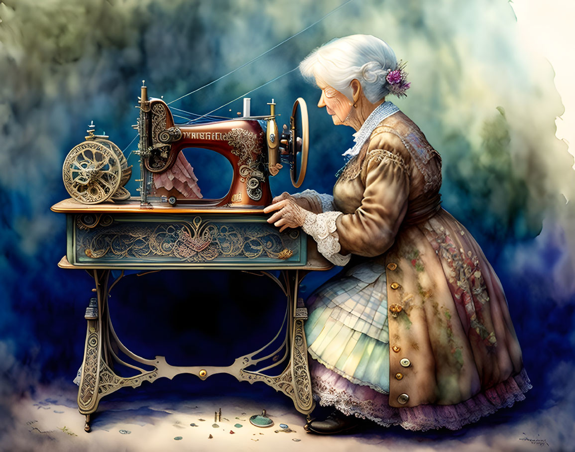 Elderly woman sewing on antique machine in vintage dress