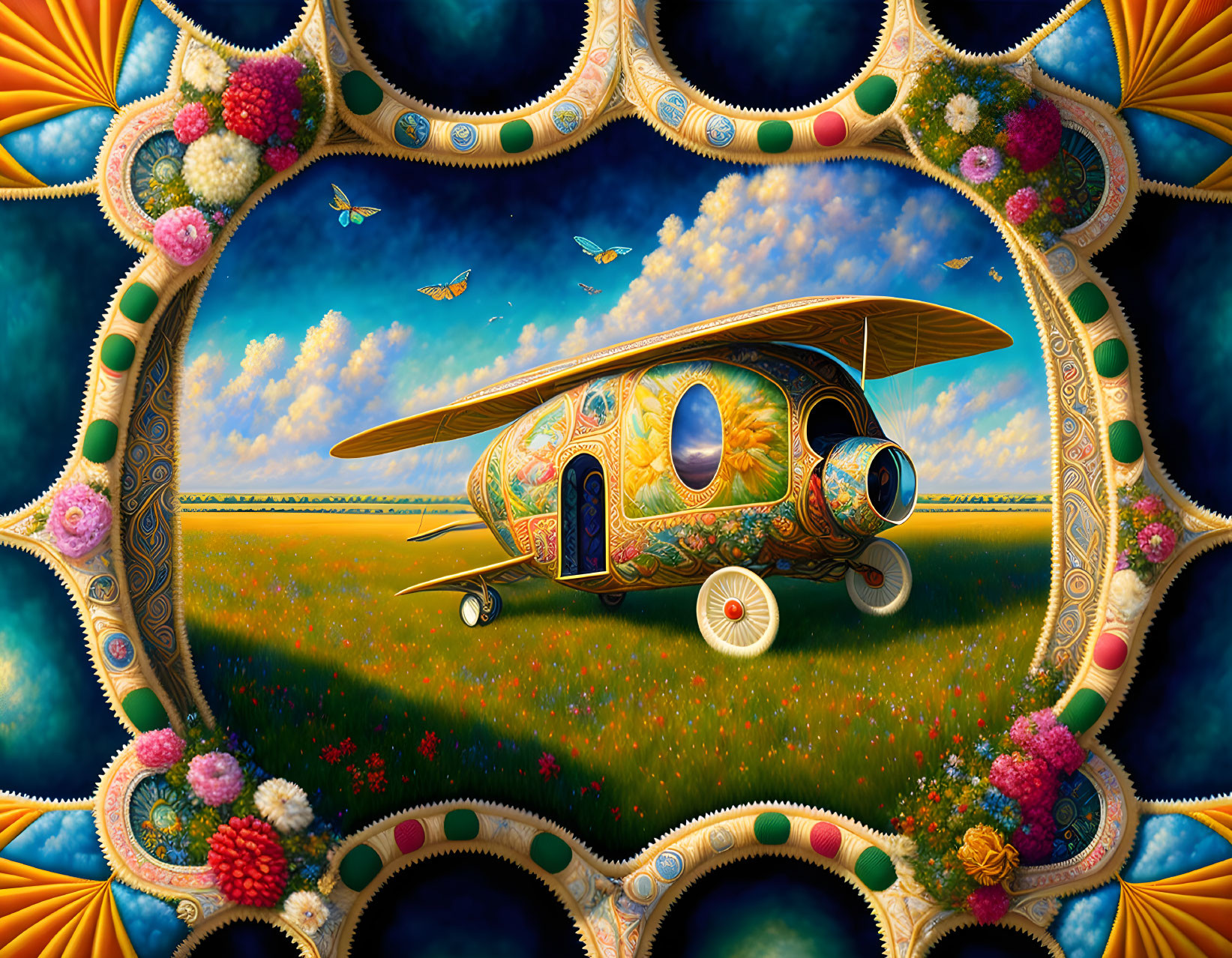 Colorful surreal landscape with whimsical airplane in flower-filled meadow