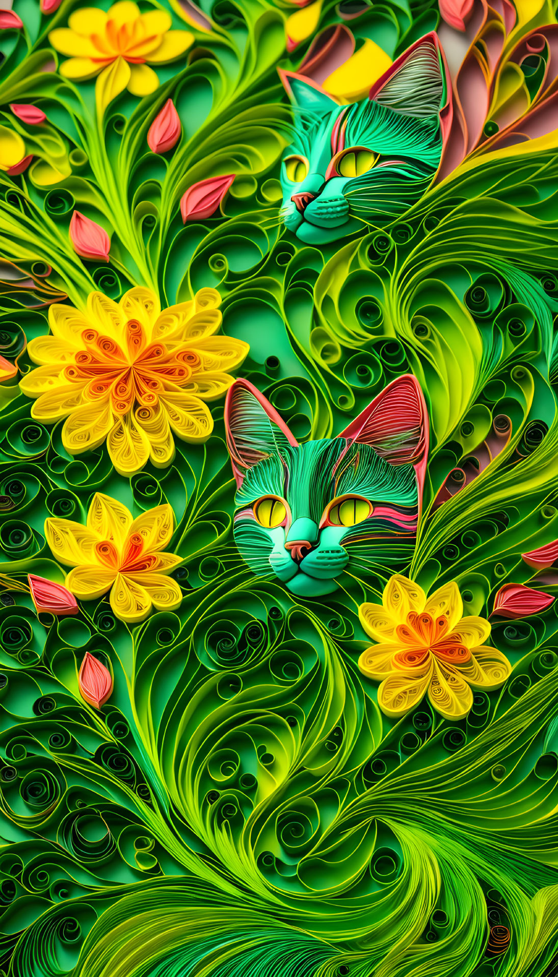 Colorful digital art: stylized cats with swirl patterns in yellow and pink florals on green.