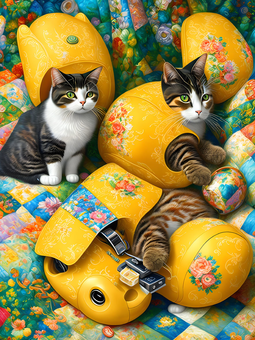 Two Cats on Yellow Armchair with Floral Background