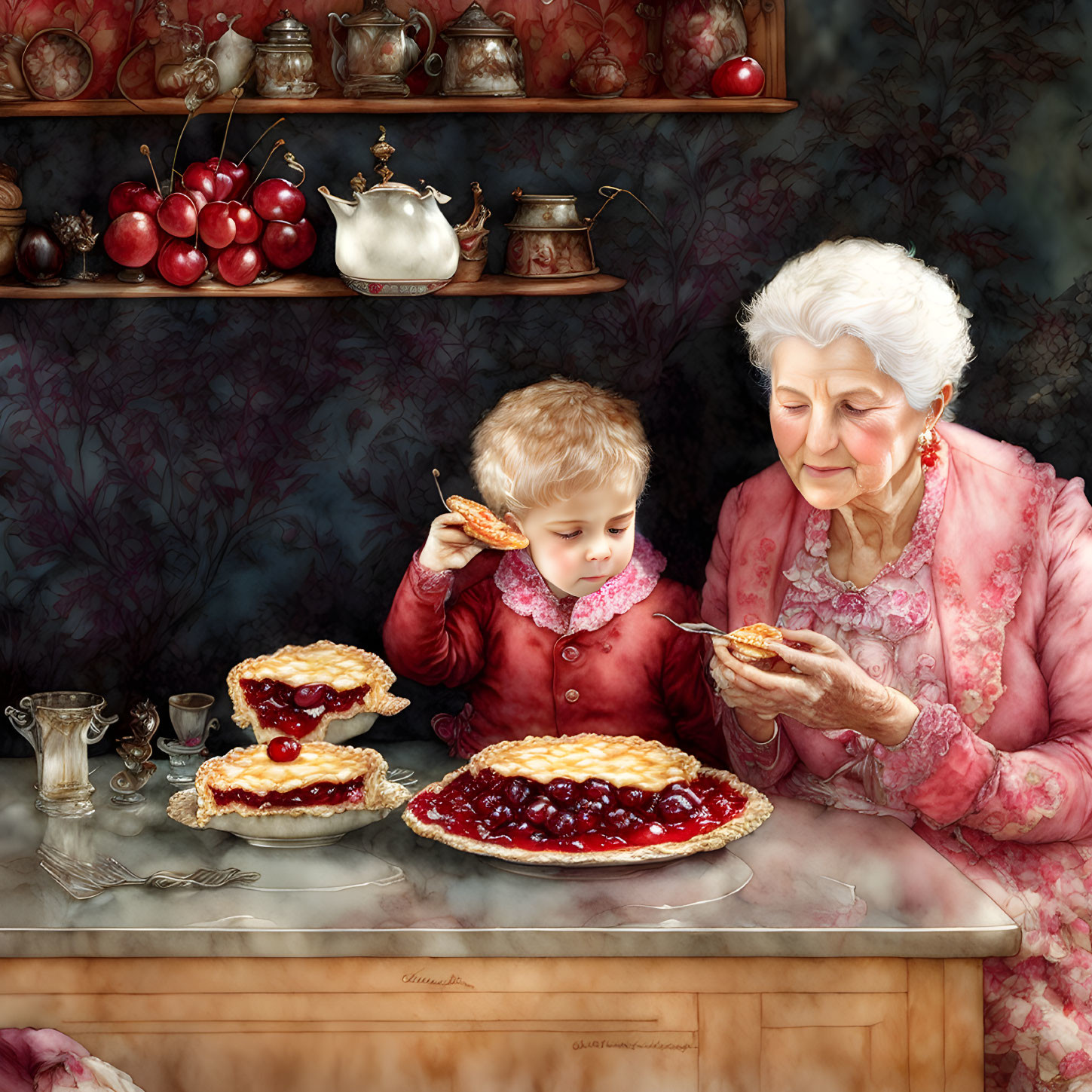 Elderly woman and child enjoying cherry pies at a fruit-filled table