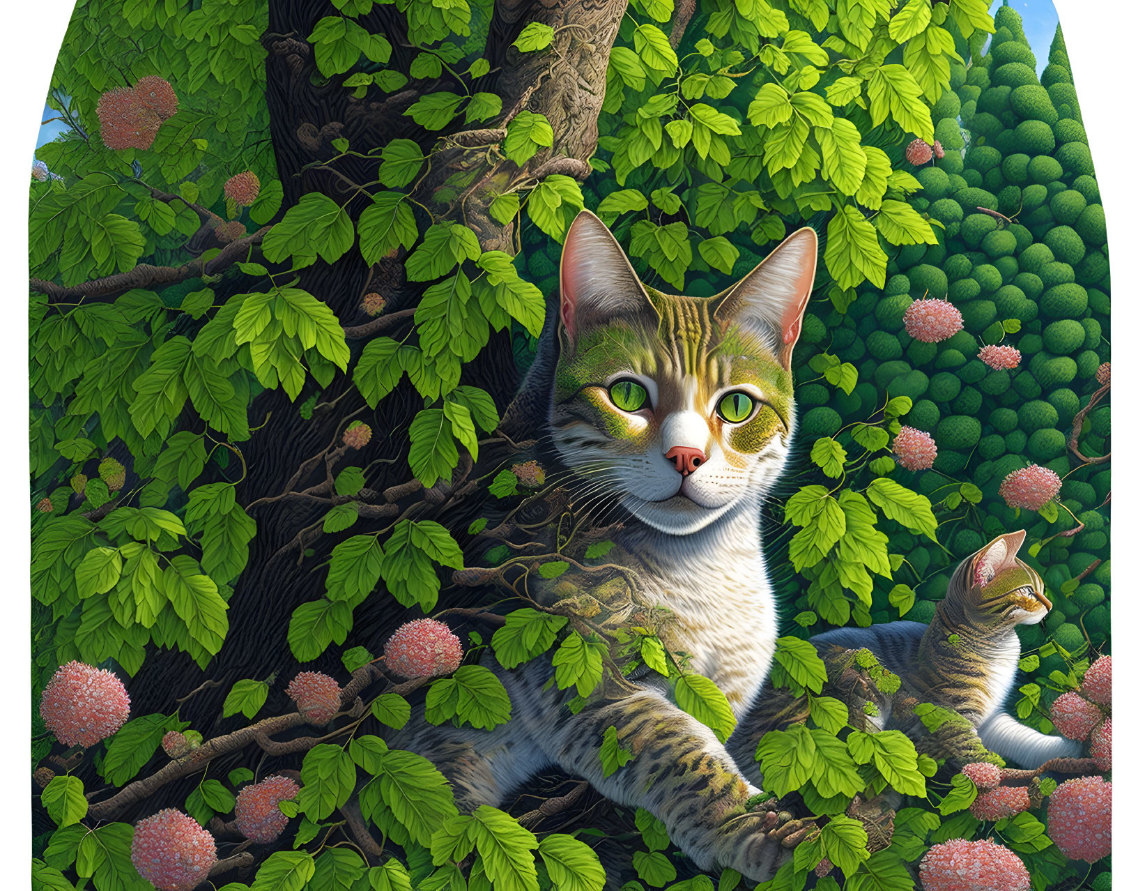 Hyper-realistic image: Large cat with green eyes on tree branch in lush green foliage with pink flowers