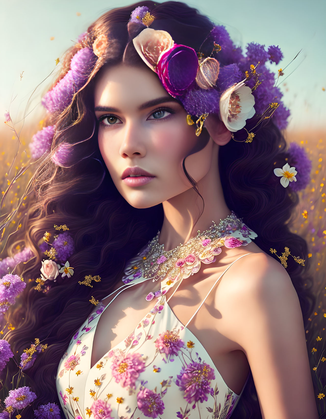 Digital art portrait of a woman with brown hair and floral crown in meadow setting