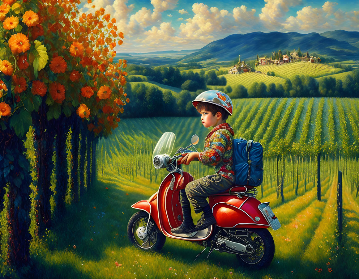 Child on Red Toy Scooter in Vibrant Countryside with Vineyards and Villa