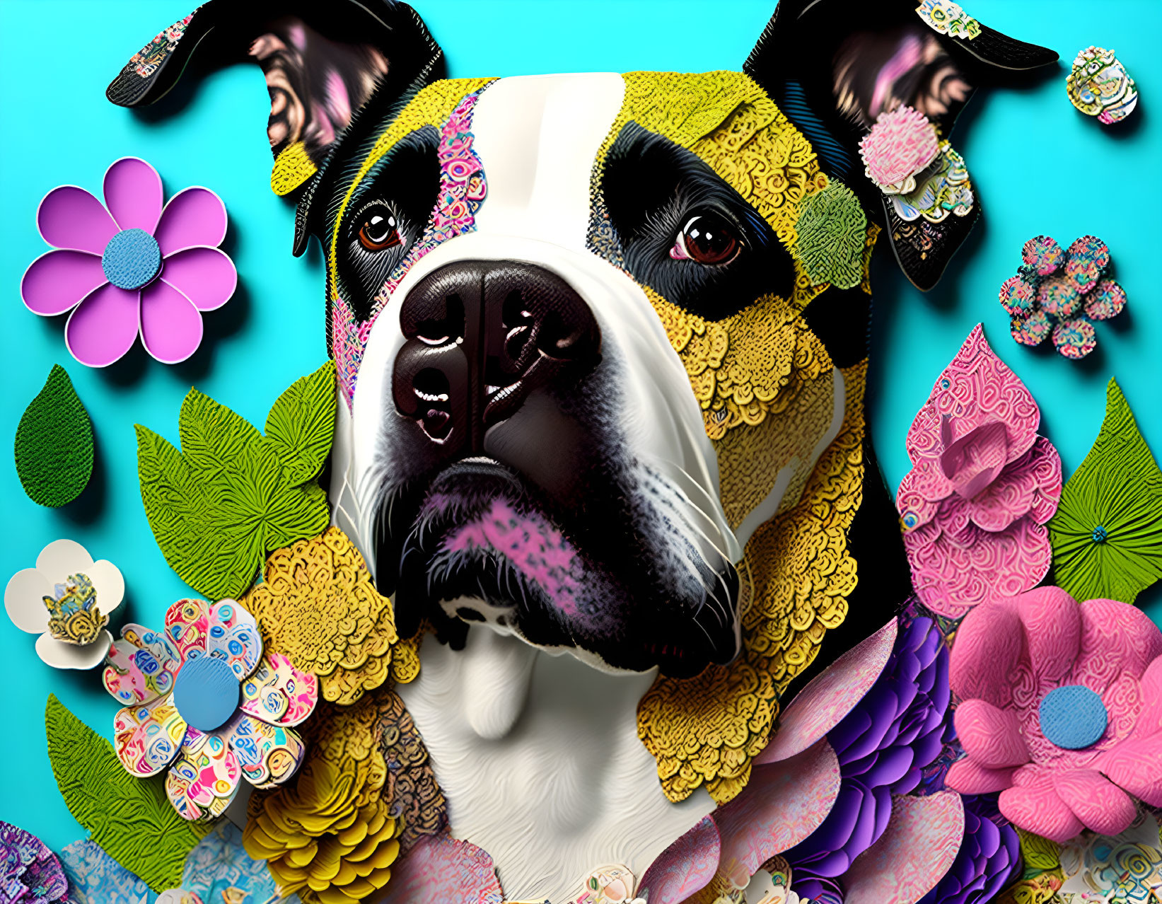 Vibrant digital artwork: Dog with flowers on blue background