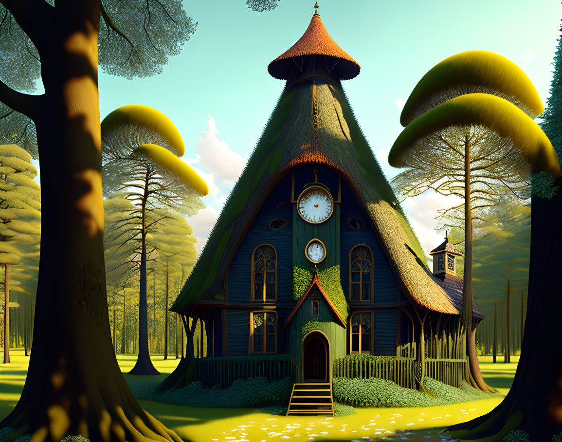 Illustration of whimsical clock tower house in mystical forest