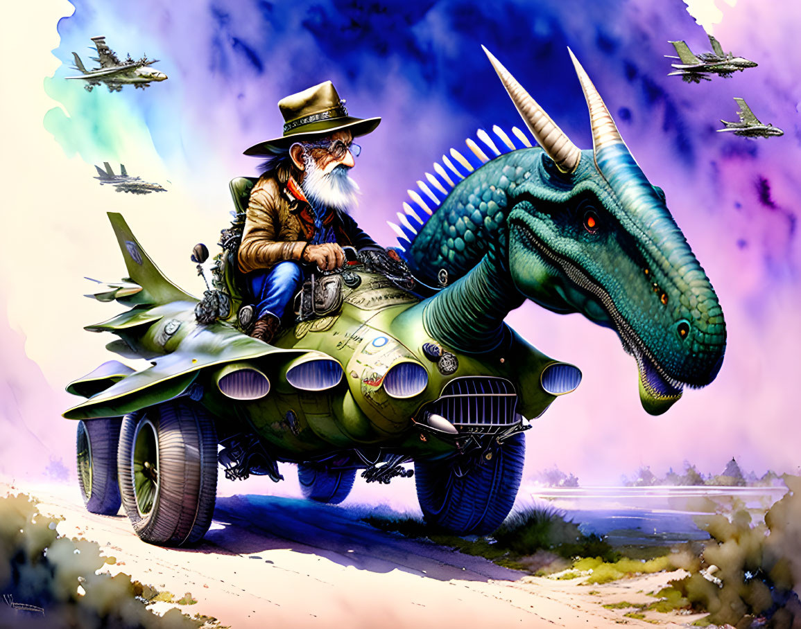 Bearded man in cowboy hat rides mechanical dinosaur with aircraft in background