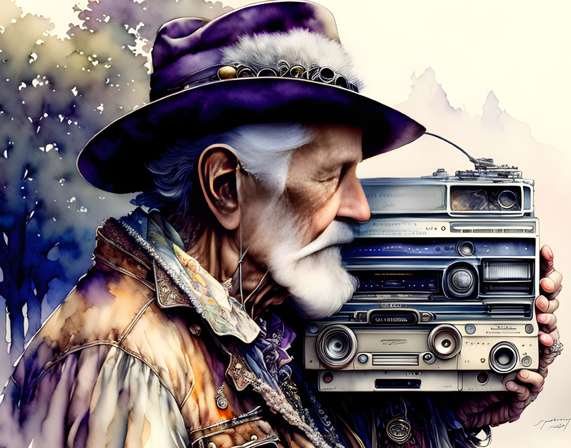 Elderly man in purple hat holding vintage boombox on abstract background