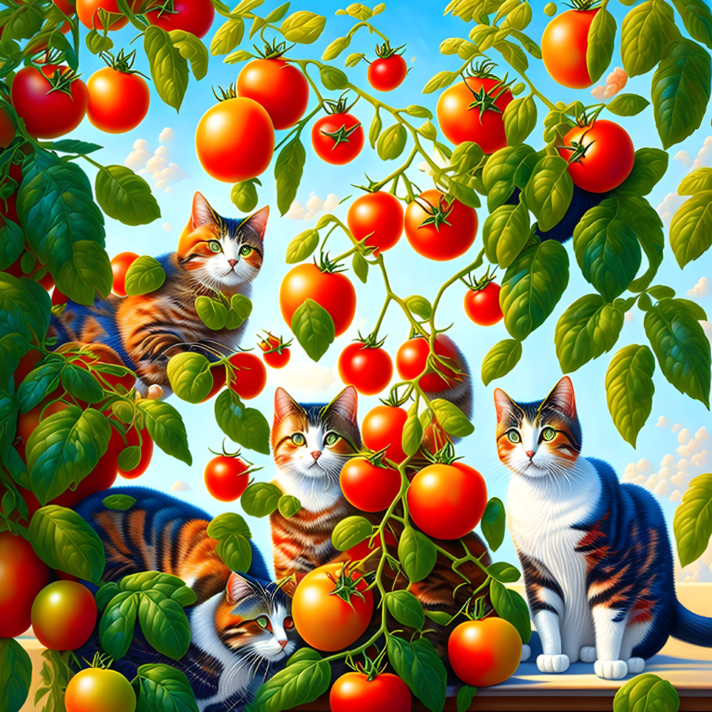 Three cats in tomato plant garden under blue sky.