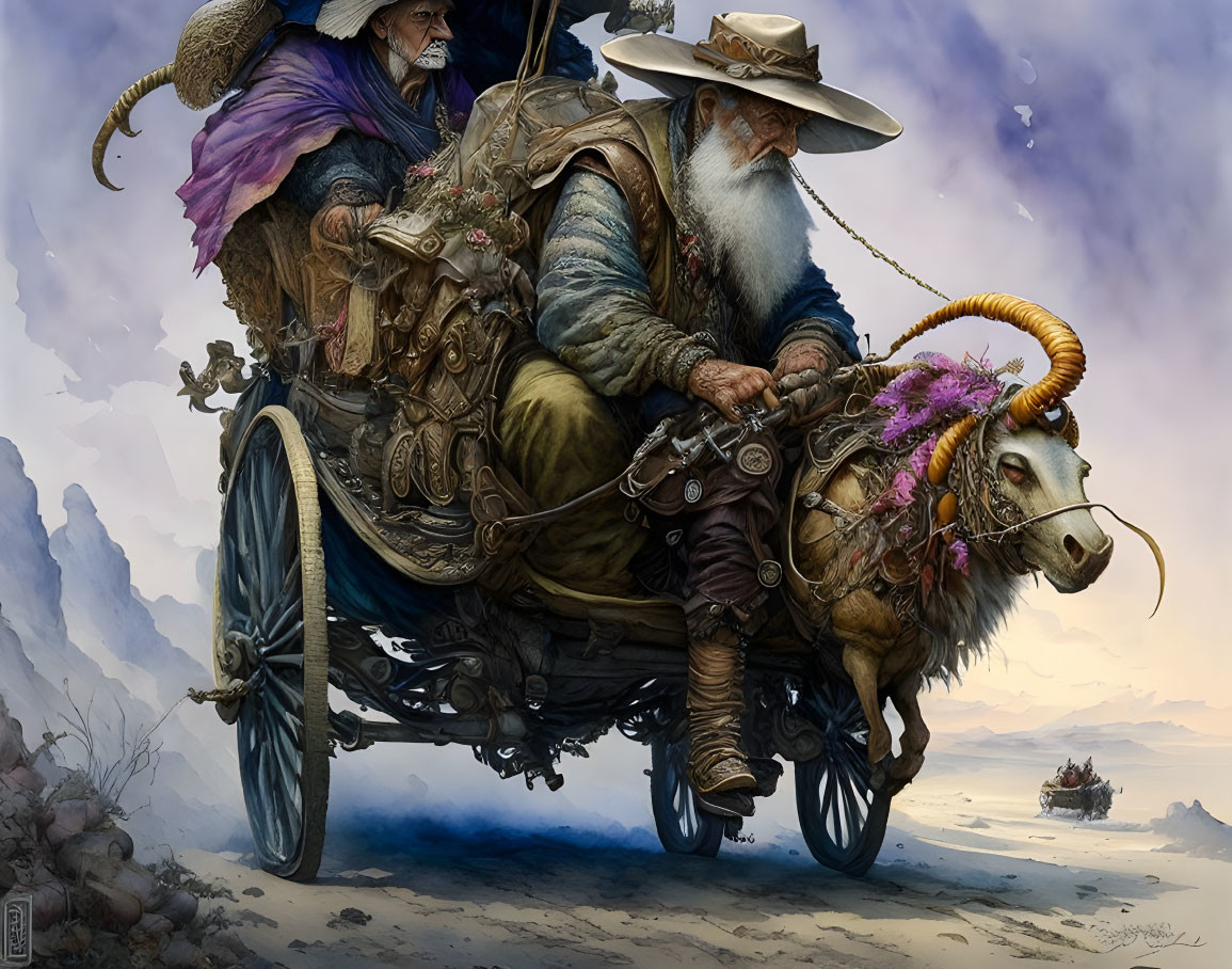 Fantasy characters on ram-pulled cart in desolate landscape with ship.