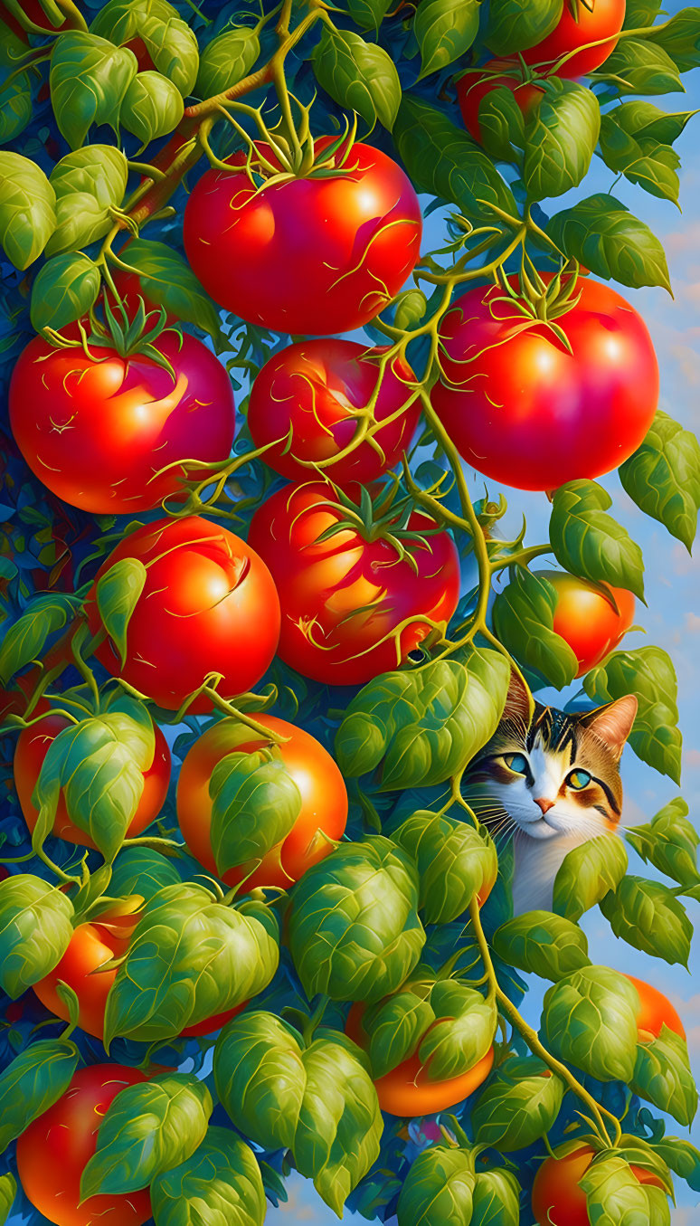 Red tomatoes on vine with green leaves, cat peeking from behind, blue sky