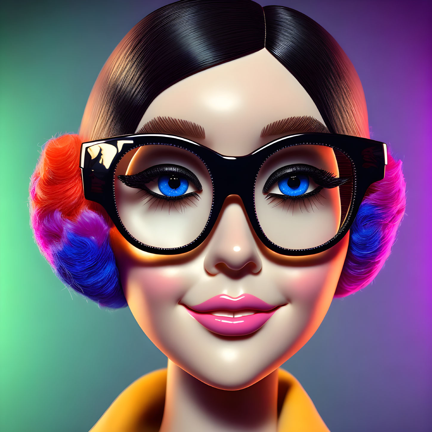 Colorful 3D illustration of female character with vibrant hair and oversized glasses