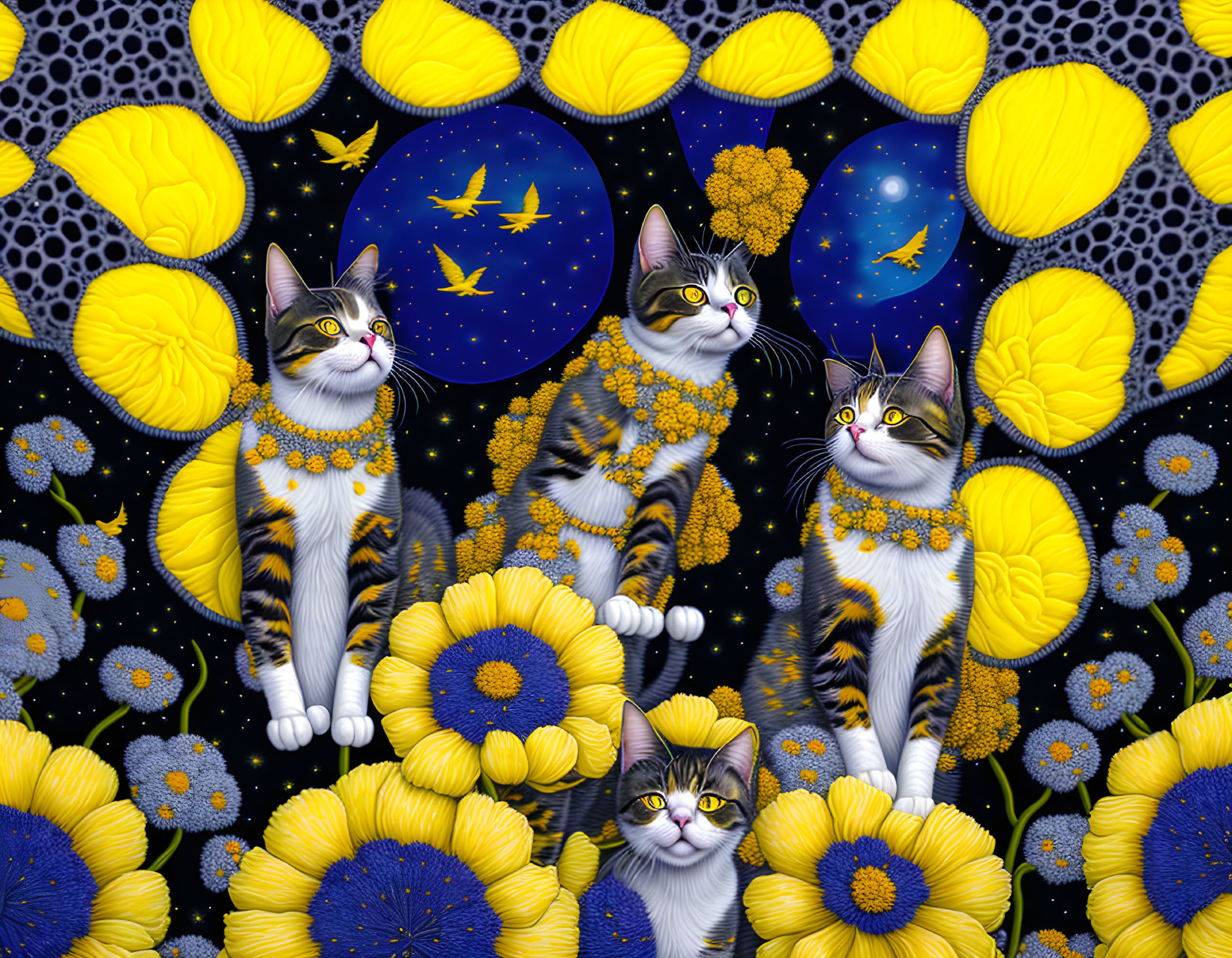 Whimsical cats in yellow and blue flower garden under starry night sky