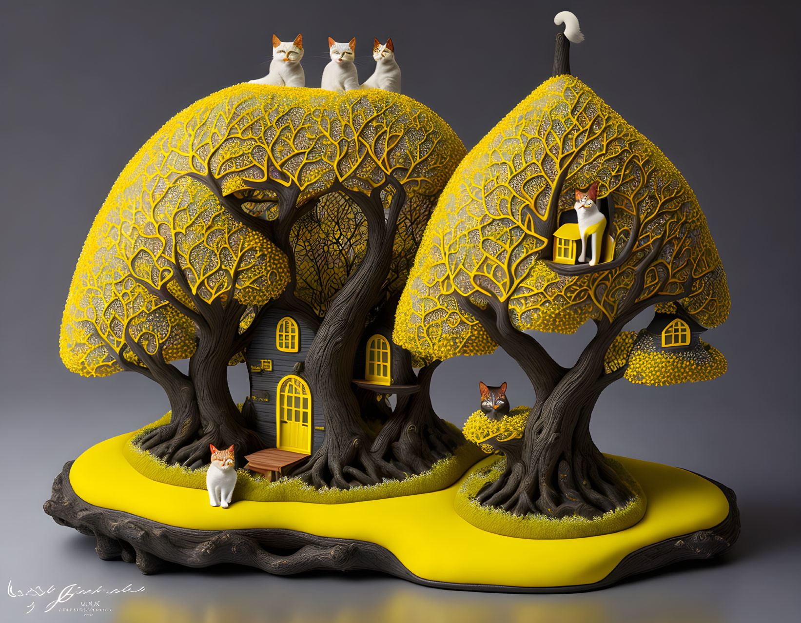 Whimsical sculpture of cat-themed tree house with yellow foliage and playful cats