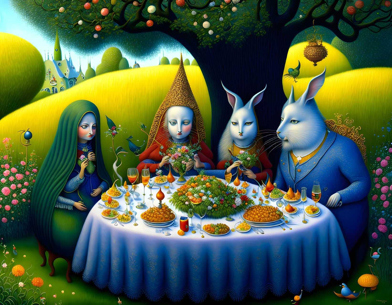 Surreal anthropomorphic rabbits in renaissance attire dining in lush landscape