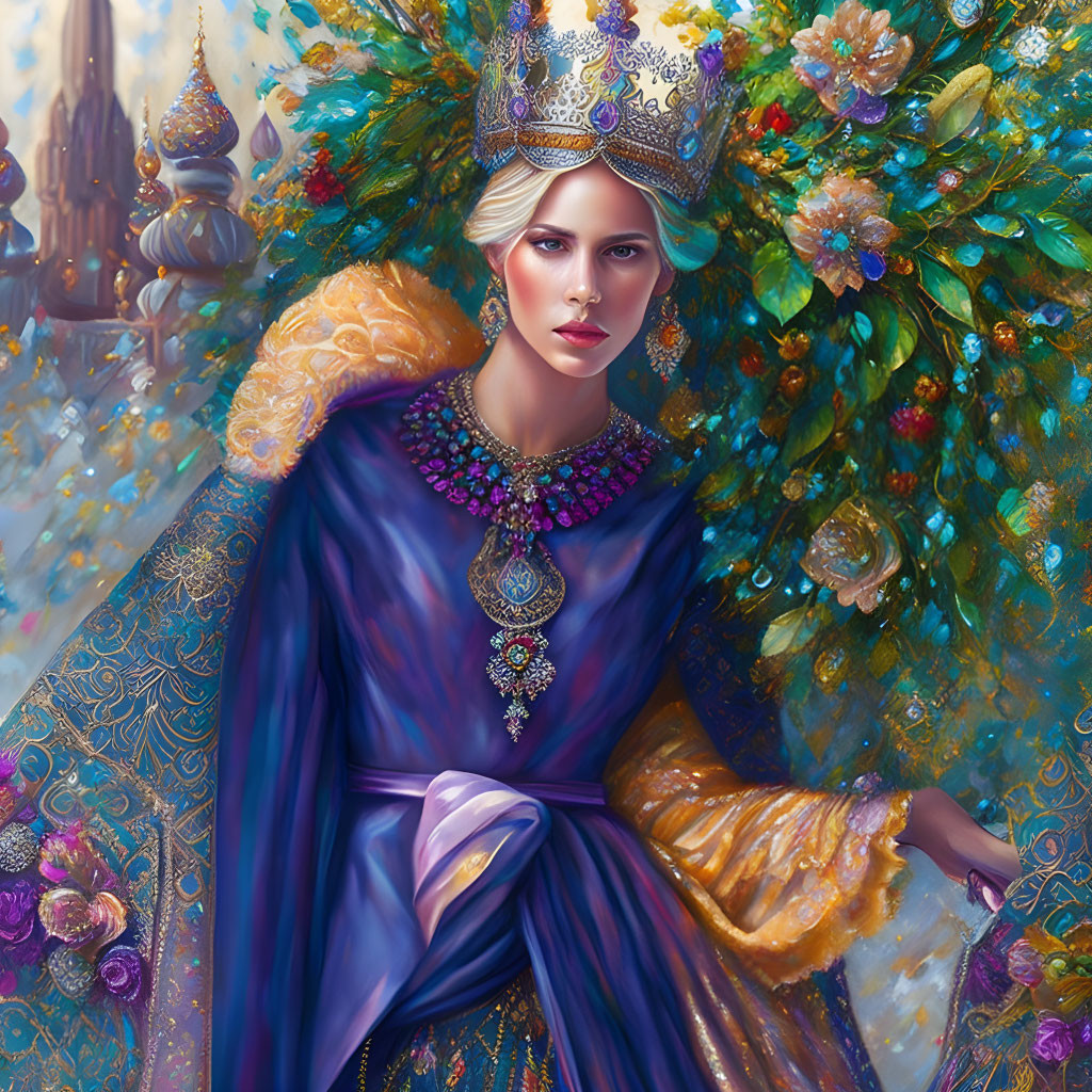 Regal woman in royal blue and gold dress with ornate crown and lush floral surroundings.