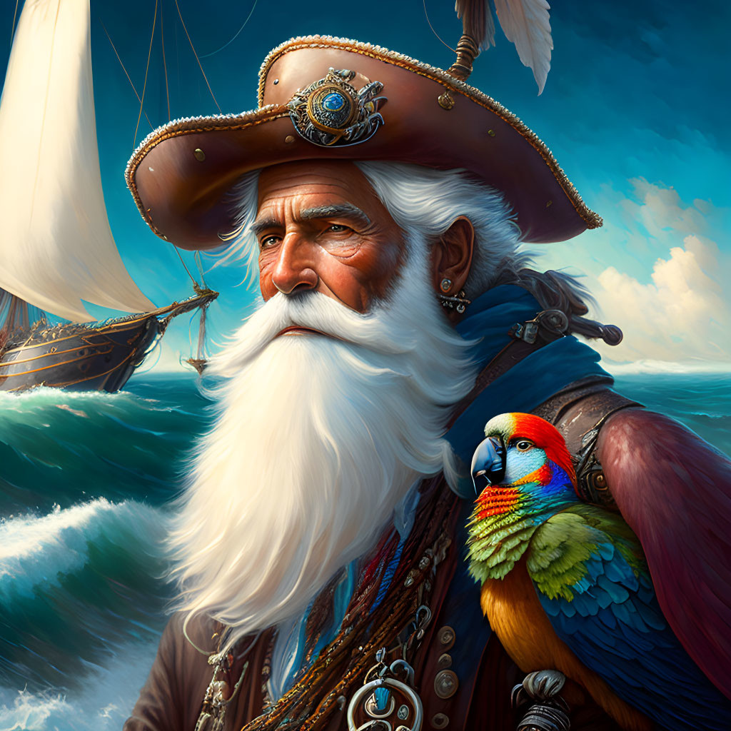 Bearded pirate with parrot on shoulder overlooking stormy sea