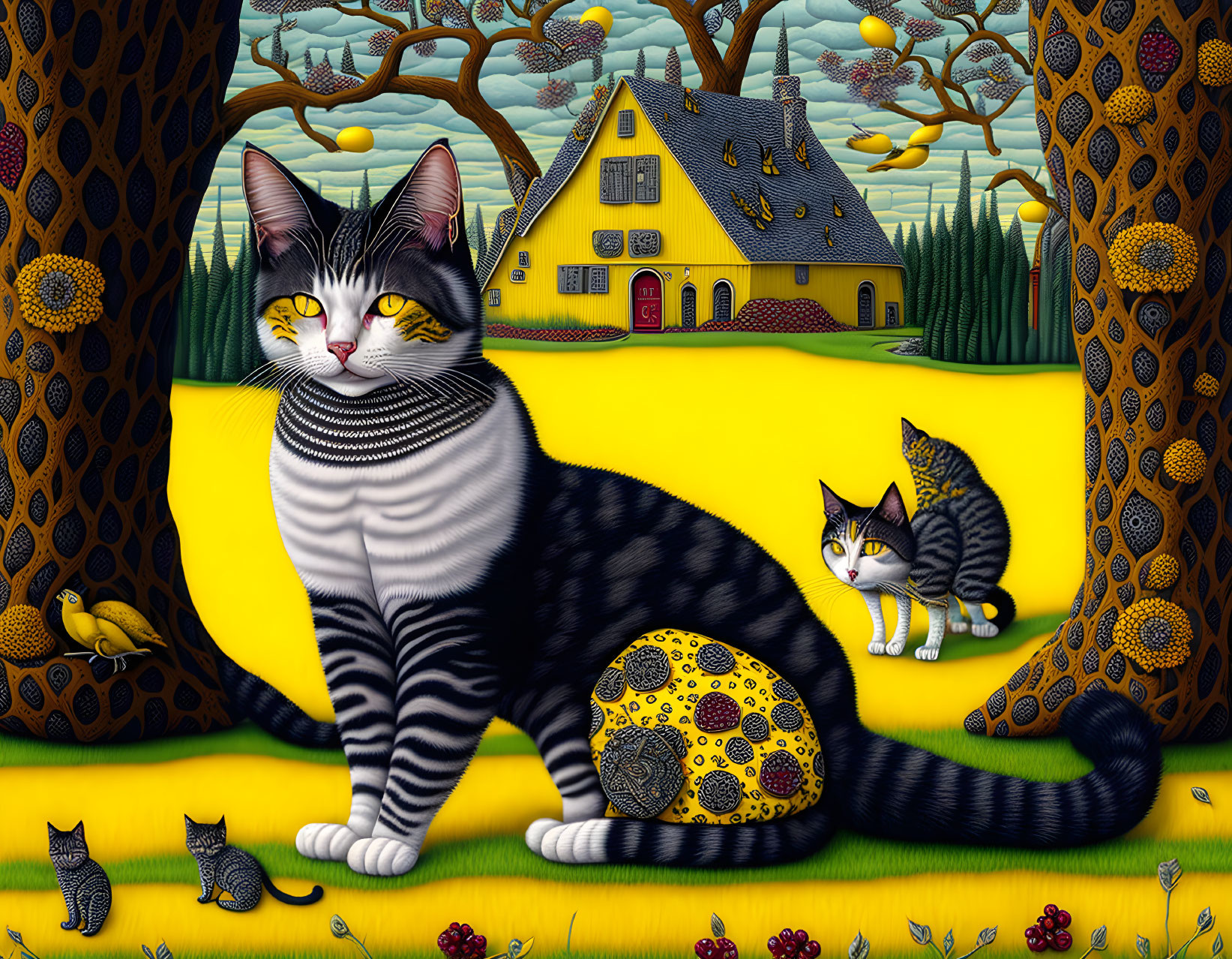 Colorful Striped Cats Artwork in Whimsical Landscape