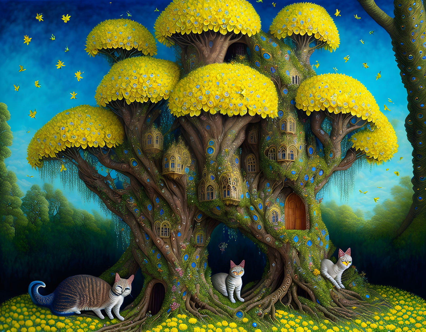 Whimsical painting of large tree with yellow canopies, intricate houses, butterflies, and cats