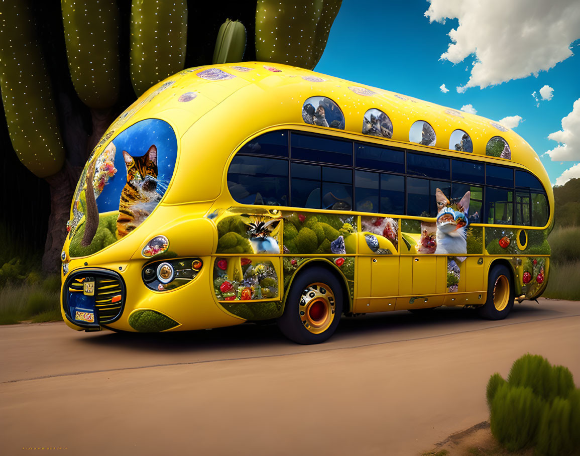 Colorful Nature and Animal Graphics on Whimsical Yellow Bus in Desert Landscape