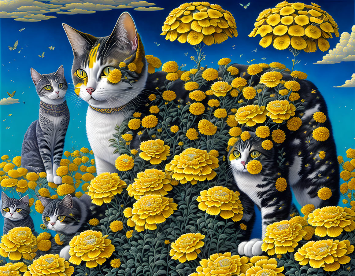 Illustration of Cats Camouflaged in Marigold Blooms and Floral Sky