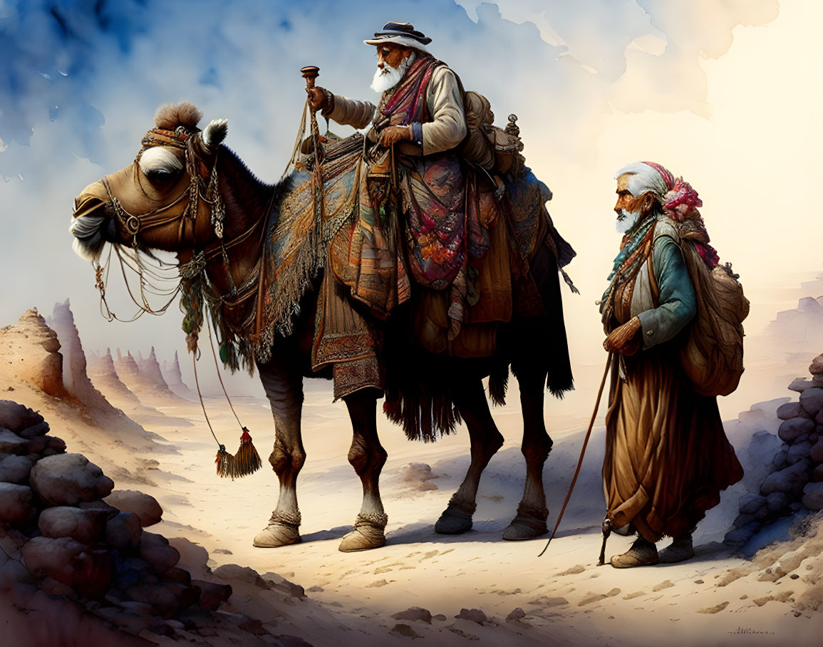 Men in traditional attire with camel in desert landscape - caravan journey scene