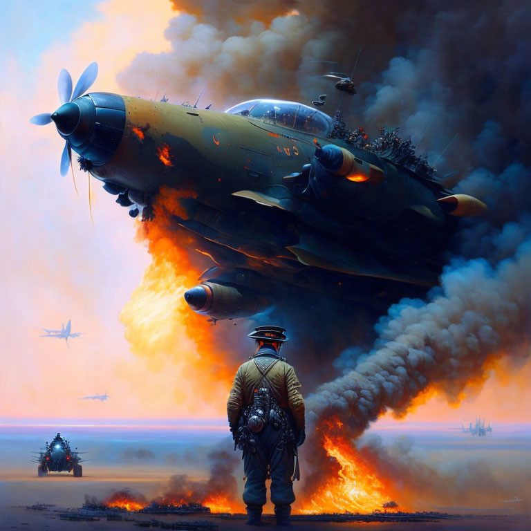 Vintage pilot in front of flaming airship in dramatic sky