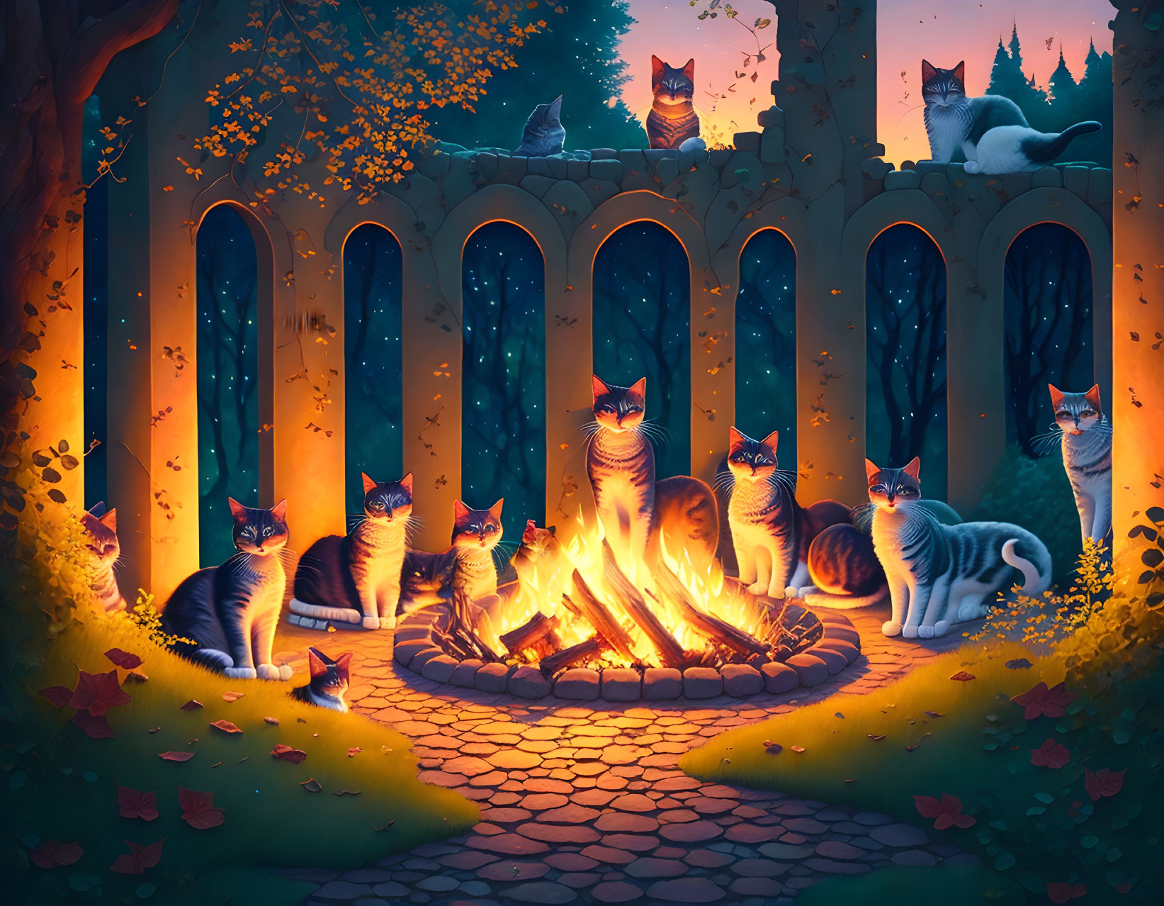 Animated cats around campfire in mystical forest clearing at dusk