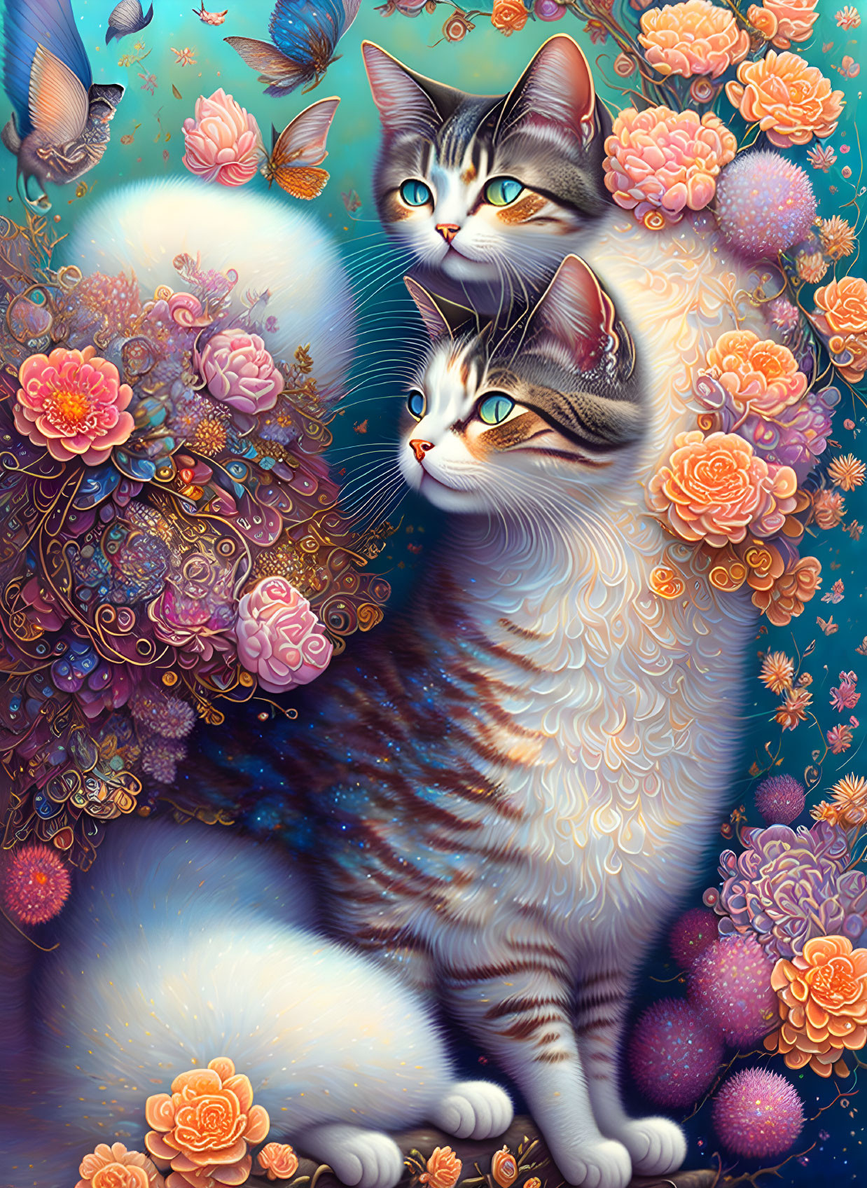 Stylized cats with striking eyes in vibrant floral scene