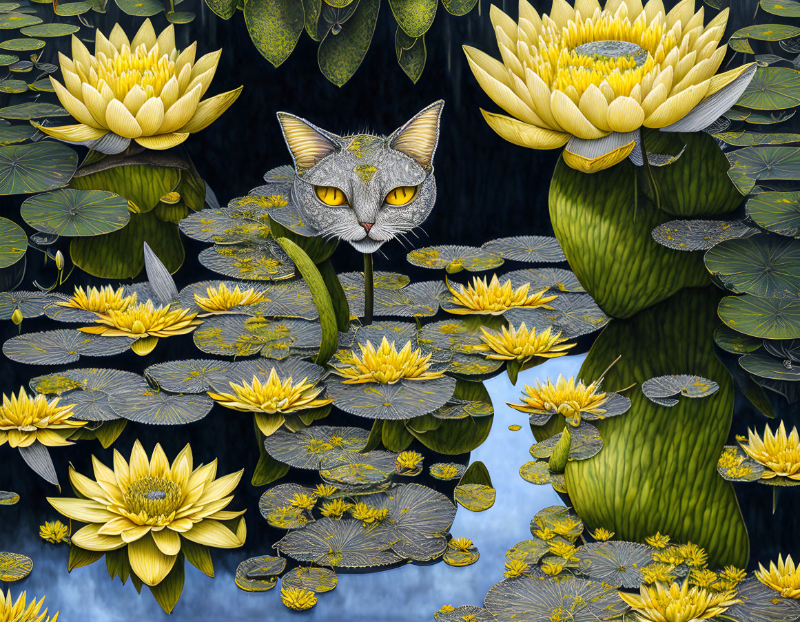 Striking Yellow and Gray landscape with Water Lily