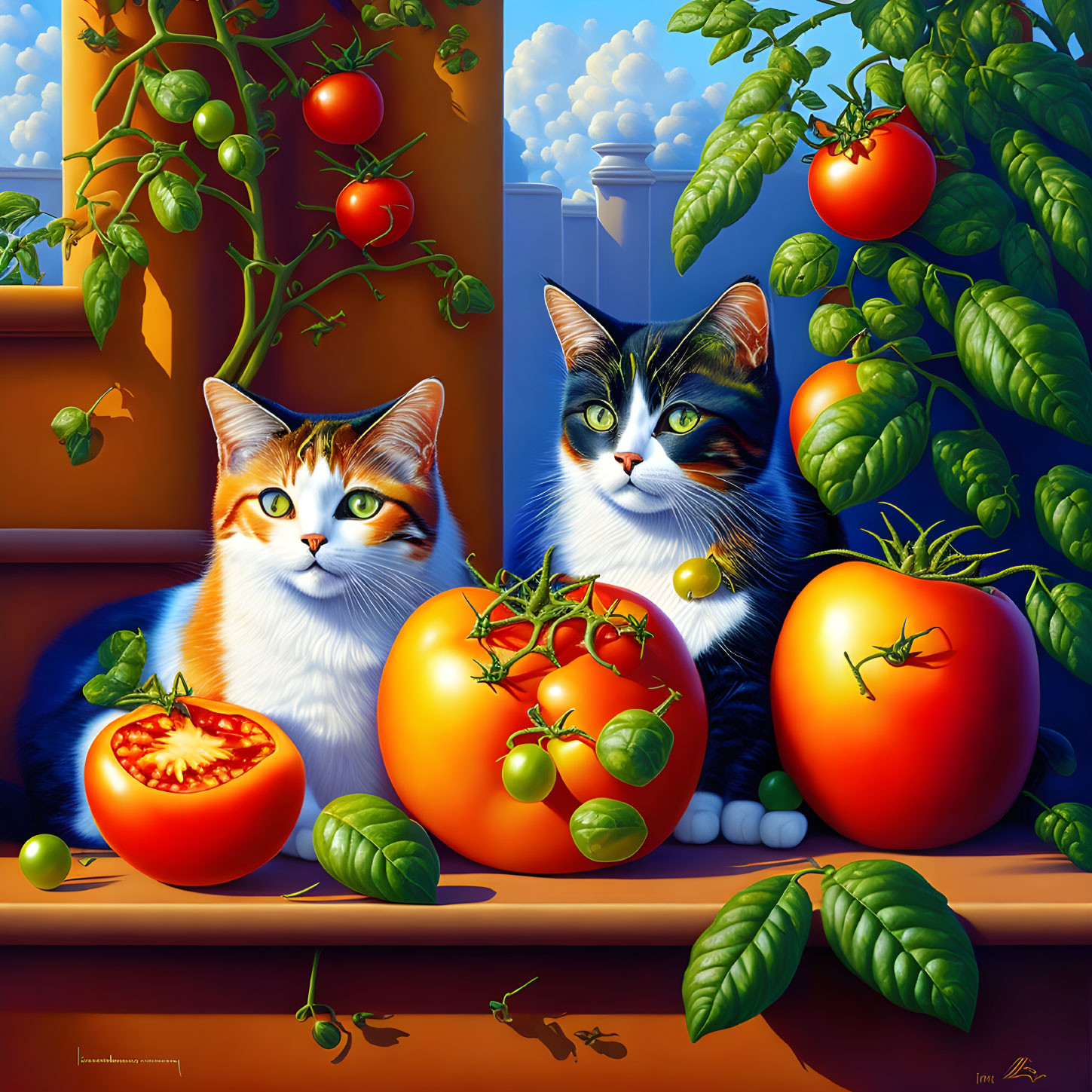 Colorful Cats Next to Ripe Tomatoes on Sunny Ledge