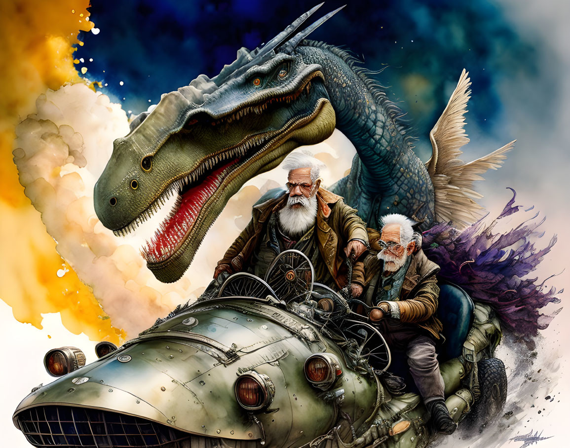 Bearded men on a fantasy ride with dragon creature