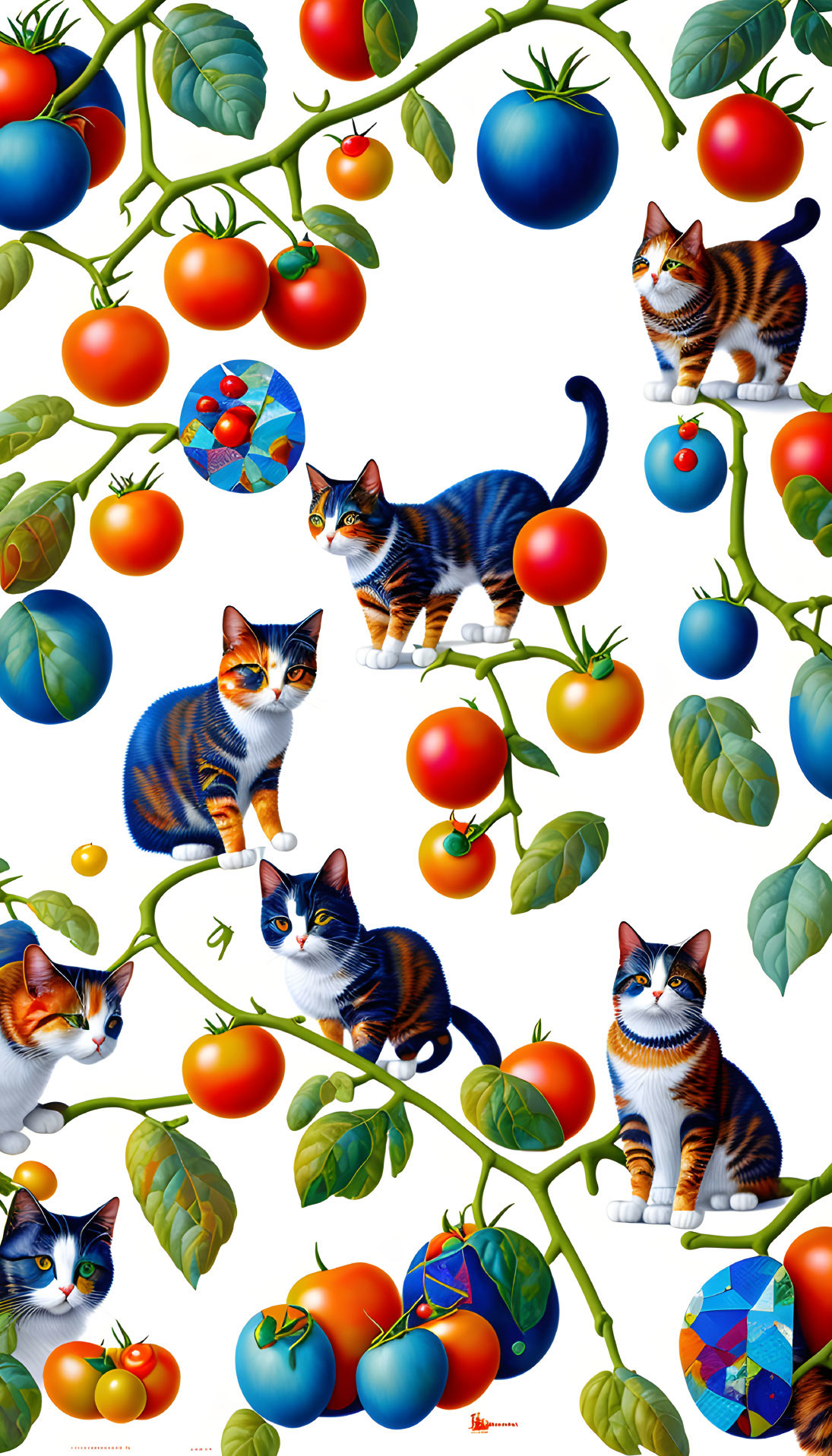 Colorful Illustration of Cats with Striped Fur and Tomatoes on Leafy Vines