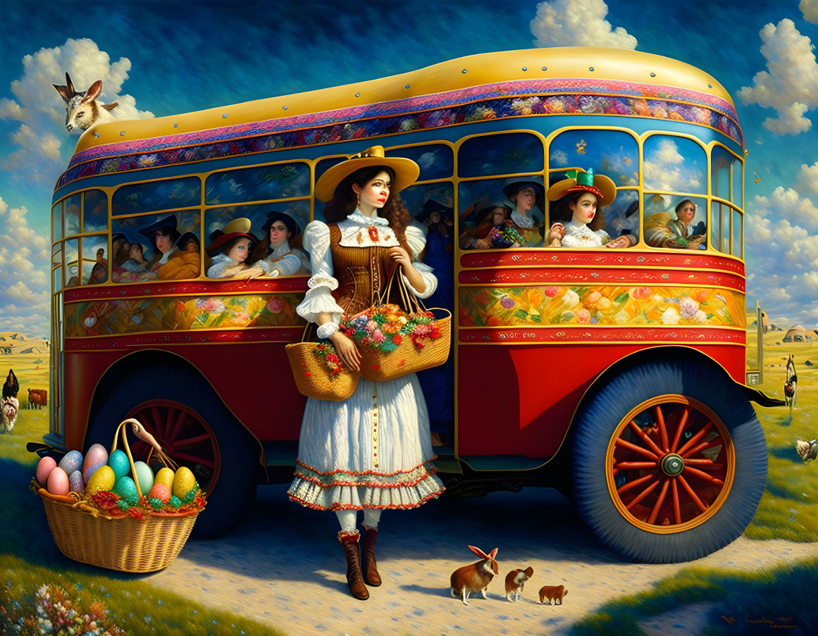 Victorian women with Easter theme on vintage double-decker bus