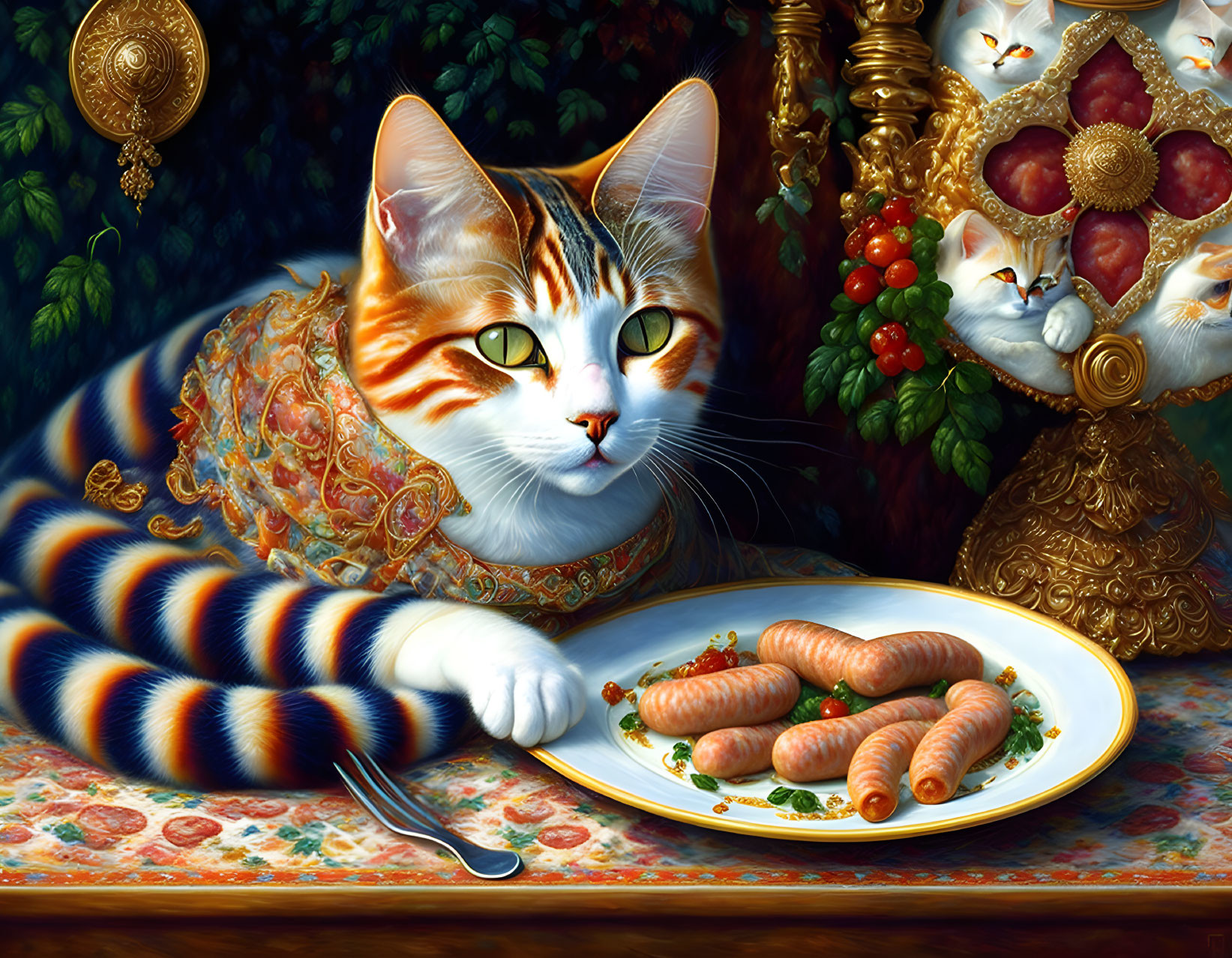 Colorful Anthropomorphic Cat in Renaissance Attire with Sausages