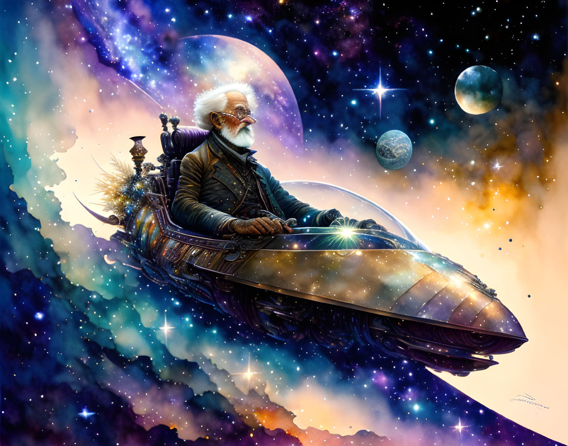 Elder Man Pilots Futuristic Spaceship in Cosmic Scene