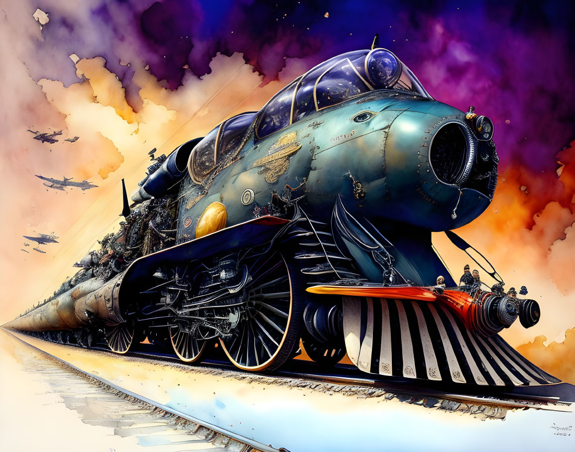 Vintage airplane and steam locomotive blend in colorful sky scene