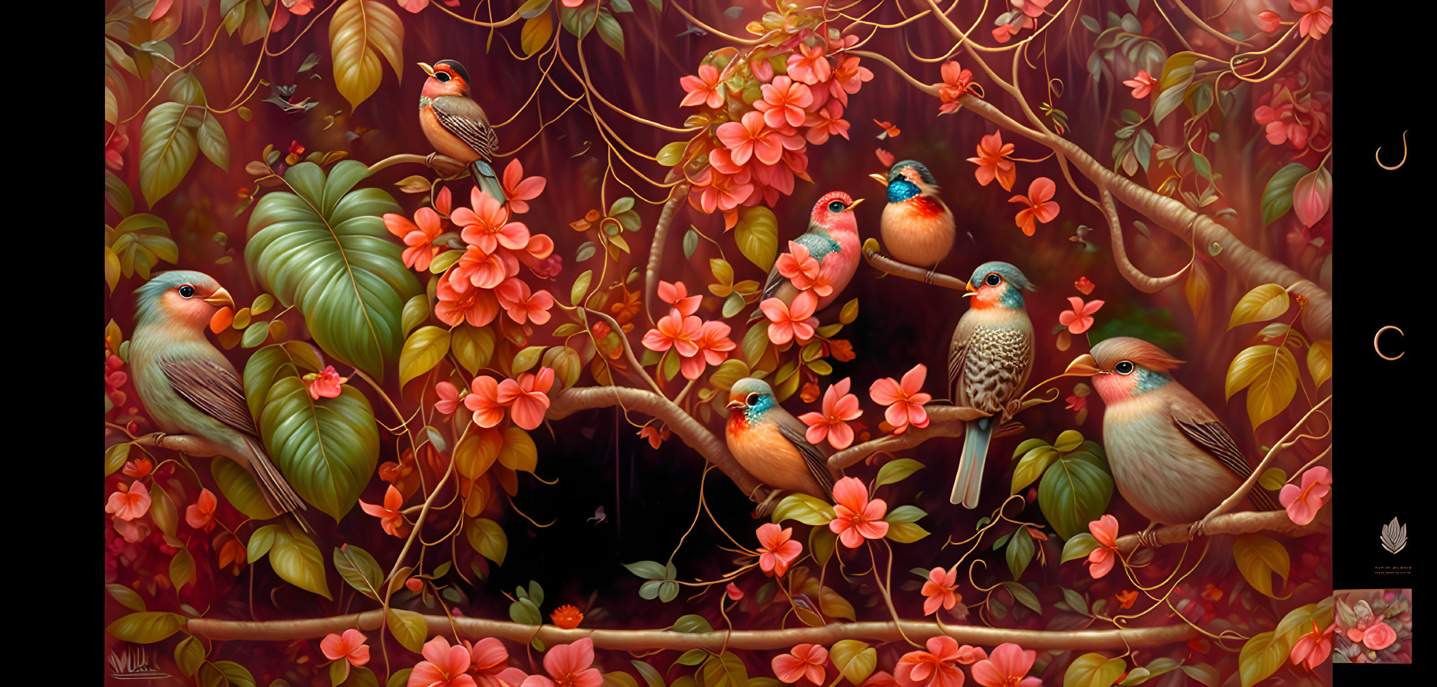 Colorful Artwork: Seven Birds Among Flowering Branches