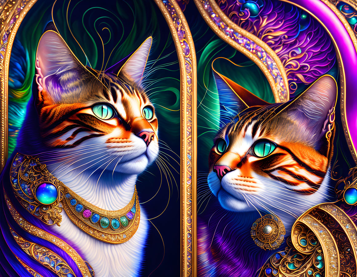 Colorful Stylized Cats with Ornate Patterns on Swirling Background