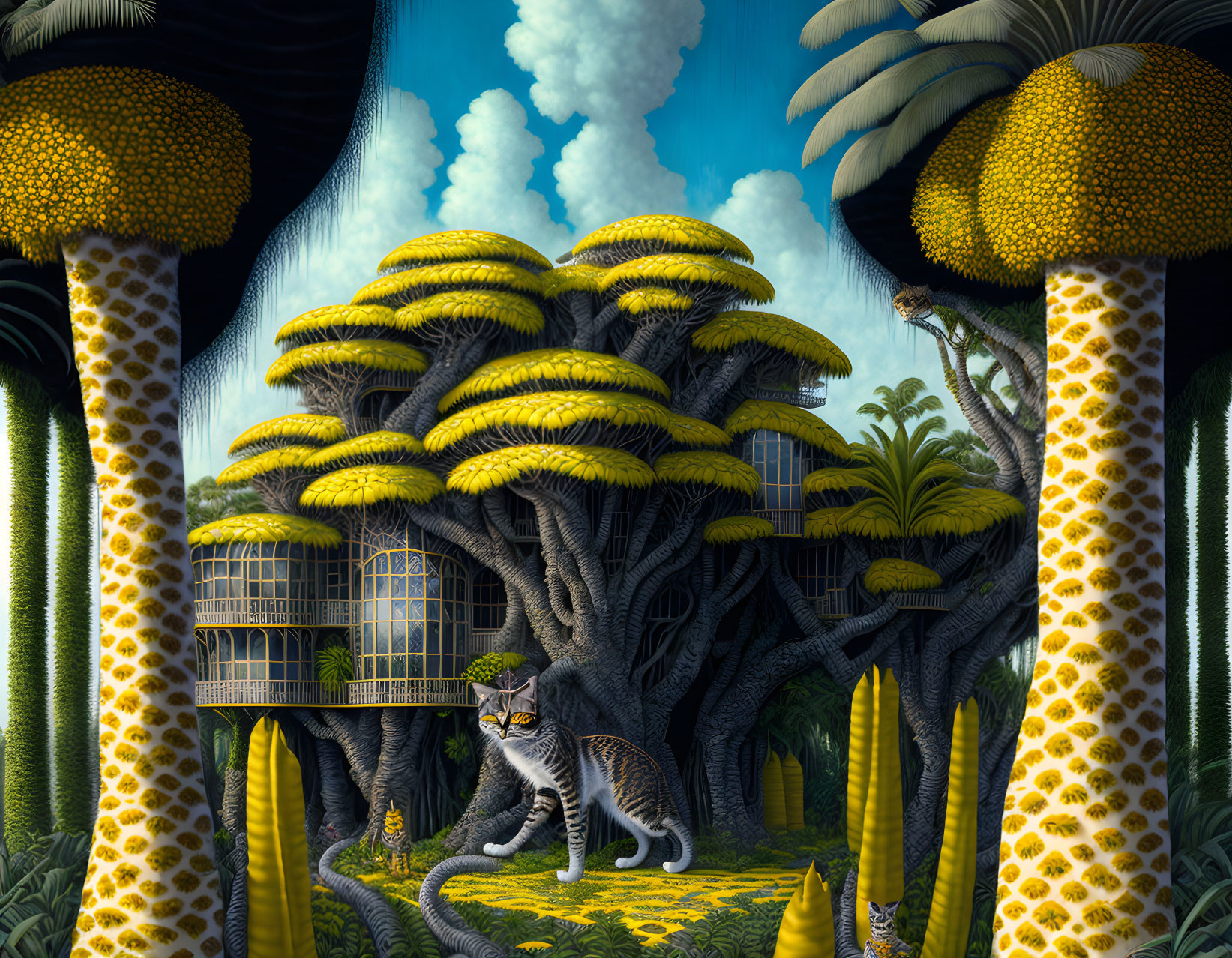 Surreal landscape with mushroom trees and a cat with human-like face